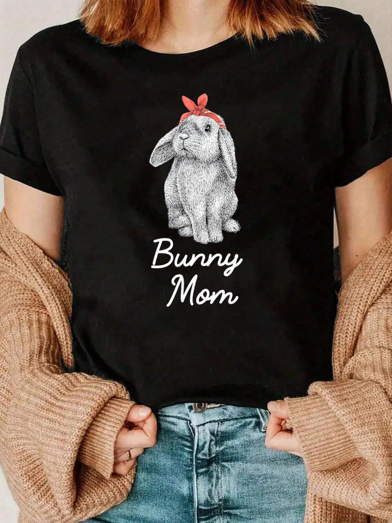 Bunny Mom Rabbit Print T Shirt Easter Spring Casual Wear Women 220g