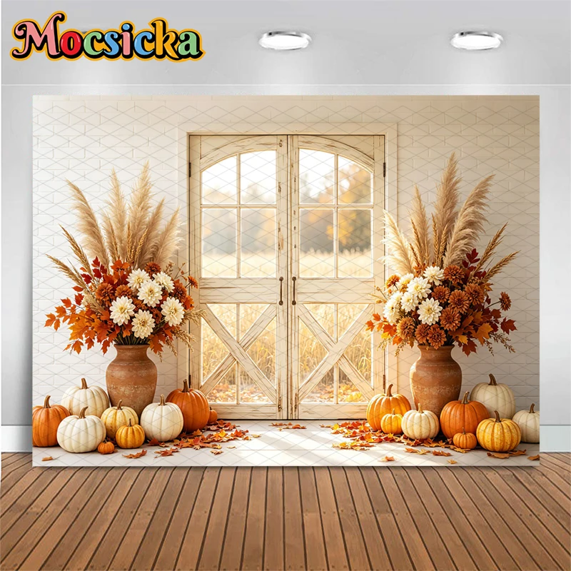 

Mocsicka Autumn Shooting Door Photography Backdrop Thanksgiving Tapestry Yellow Pumpkin Floral Grass Brick Wall Photo Background