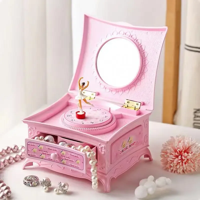 Rotating Music Box Girl Pink Dresser Valentines Day Birthday Gift Music Jewelry Box Decoration Carousel