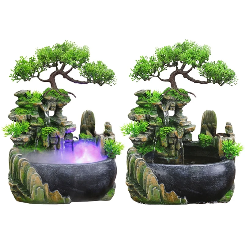 Creative Indoor Simulation Resin Rockery Waterfall Statue Feng Shui Water Fountain Home Garden Crafts-US Plug