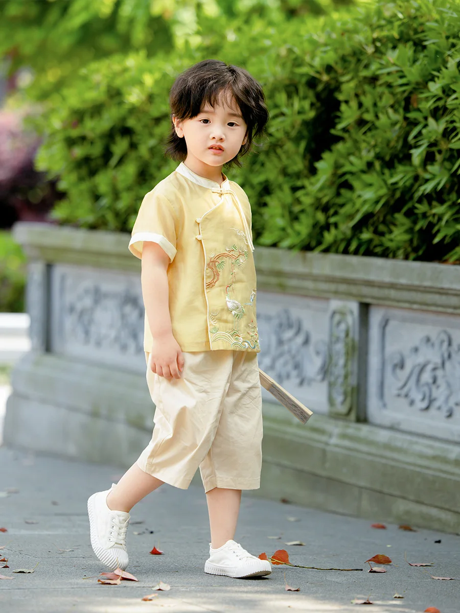 Hanfu Boys' Summer 2024 New Children's Super Cute Loose Short Sleeve Thin Short Embroidery Suit Original Tang Suit