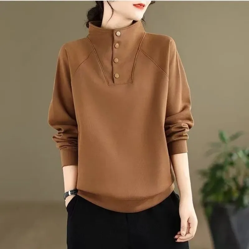 

Осенняя повседневная толстовка с высоким воротником и пуговицами для женщин, свободный универсальный базовый топ в стиле литературного ретро с карманами