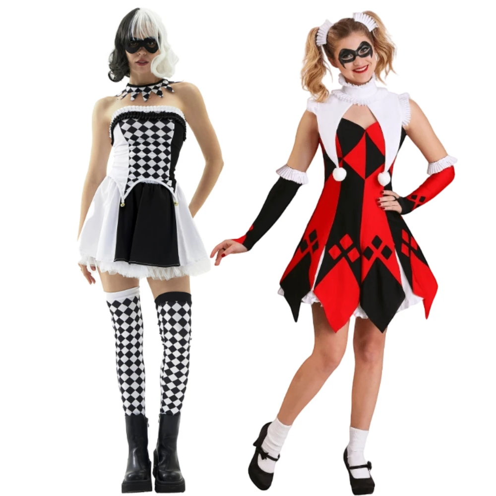 

Clown Cosplay Costume Disguise Circus Black White Lattice Set for Women Fancy Dress Halloween Carnival Party Clothes Role Play