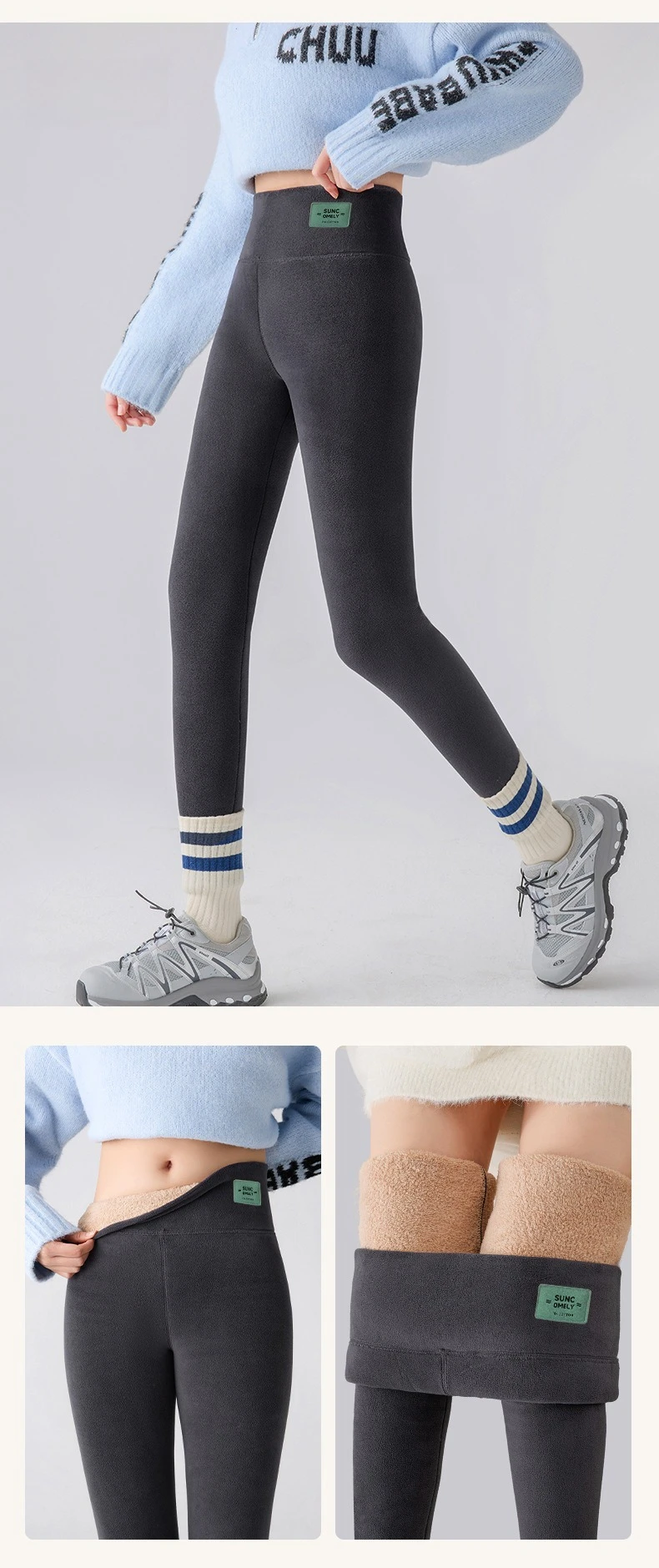 Plus Size Fleece-gefütterte Leggings für Damen, hoch taillierte Strumpfhosen für den kalten Winter, Thermo-Outdoor-Kleidung, dick, gerippt, modische Leggings – Detail 12