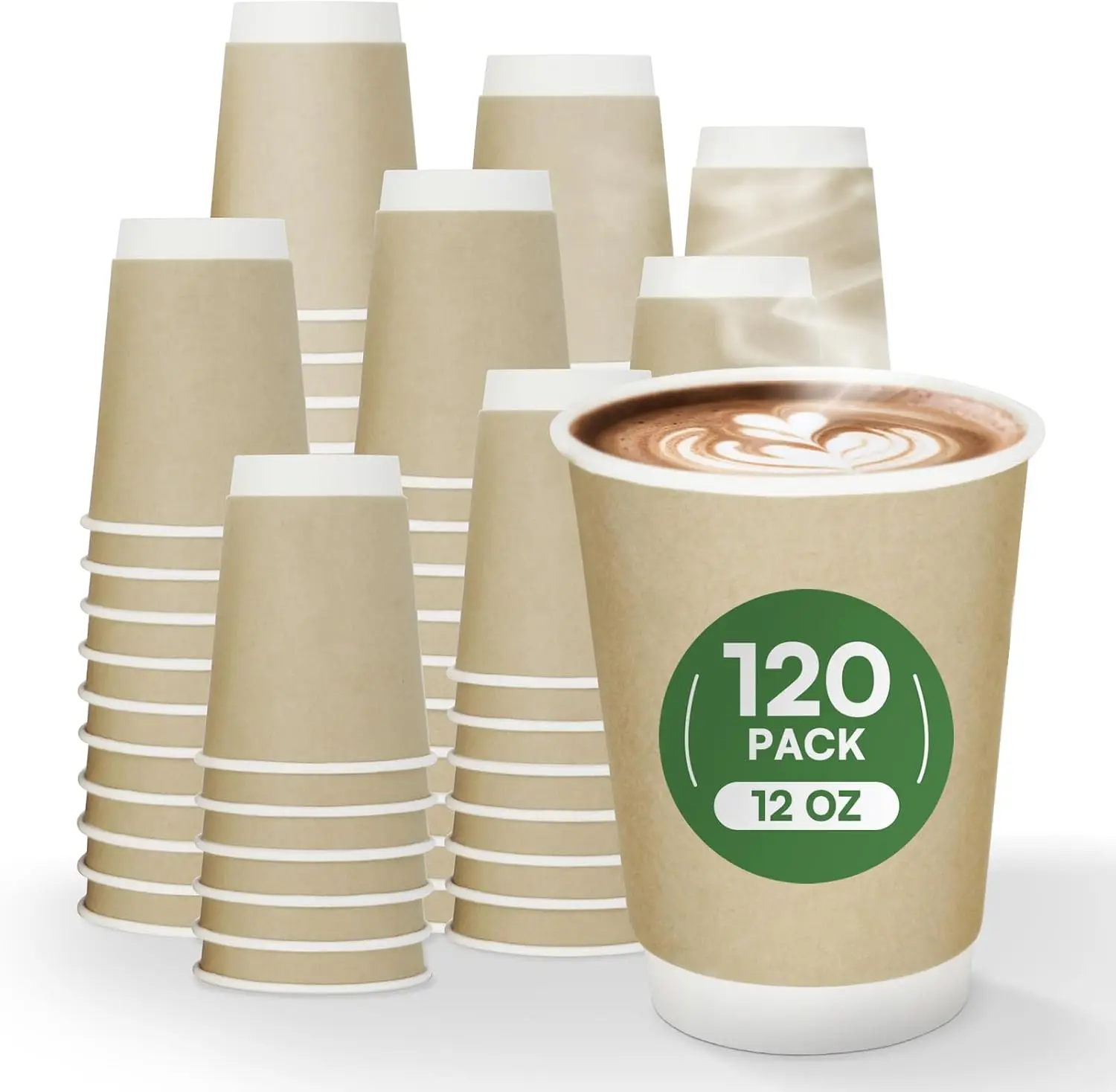 

12 oz Compostable Coffee Cups 120 Pack, BPI Certified Double Wall Insulated Hot Cups, PLA Coated Natural Kraft Paper Cup