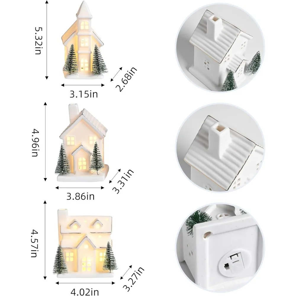 Ceramic White Christmas Village House, 3 Glowing Small Ceramic Village Houses, 6 Christmas Trees, LED Desktop House Statues