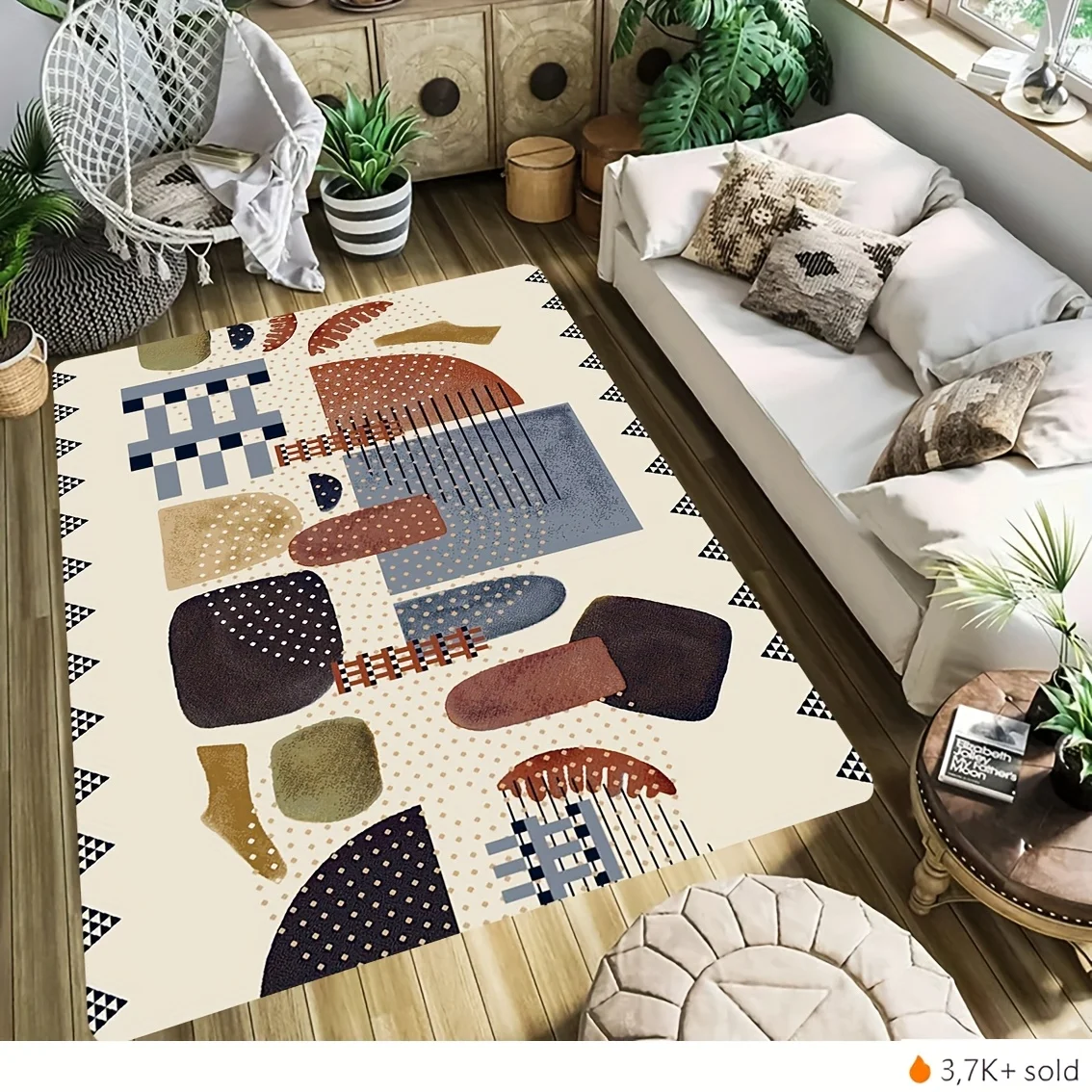 2d Printed Cream Modern Abstract Geometric Patchwork Rectangular Area Rug Non Slip Floor Mat For Boho Home Decor Gift