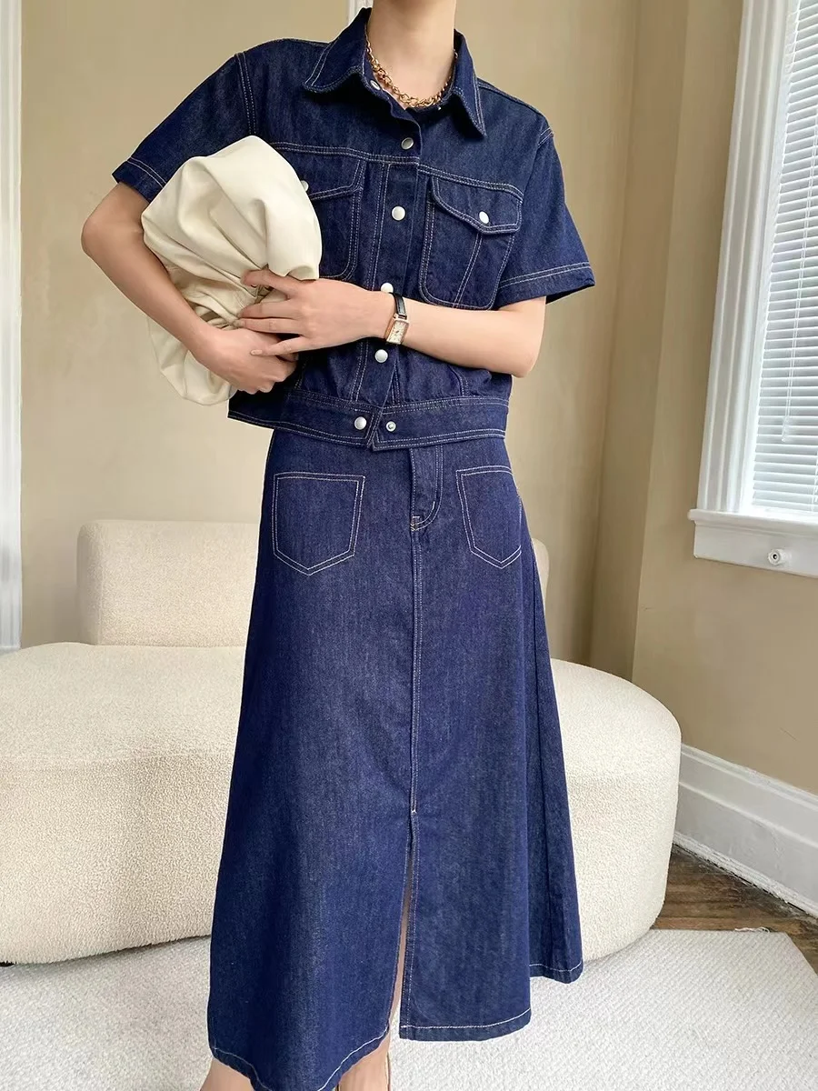 Contrast Color Denim Short Sleeved Shirt Top+Split Long Skirt Two-Piece Set For Summer Fashion Women's Clothing Vintage Outfits