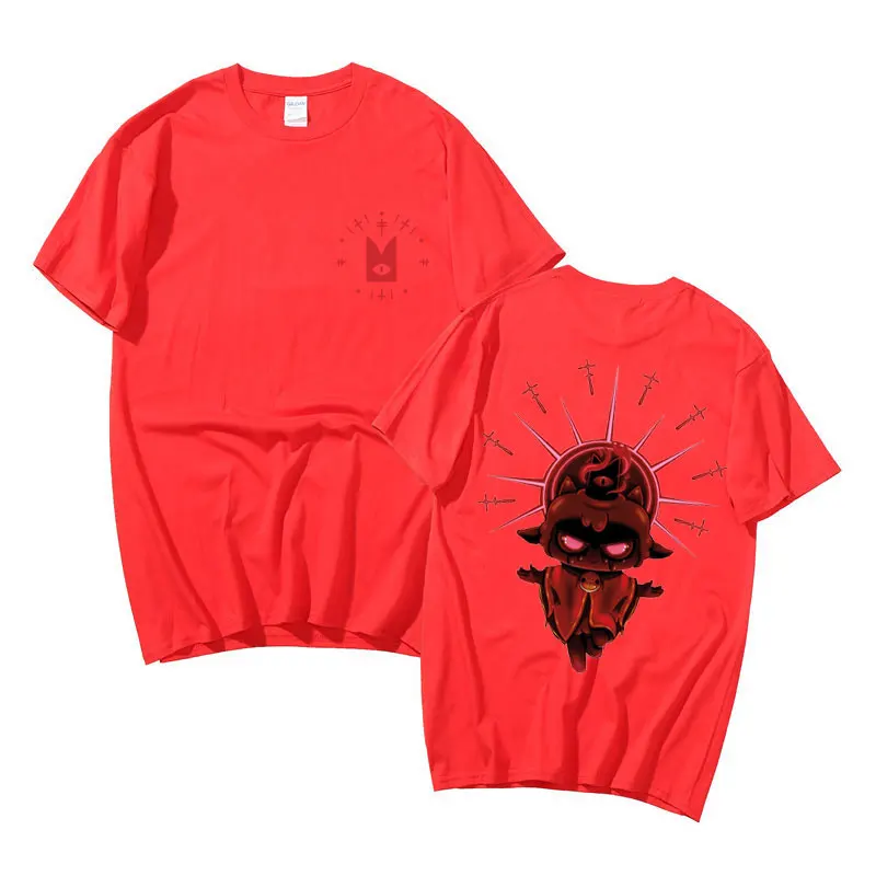 Camiseta de gran tamaño de algodón 100% de Anime para hombres y mujeres, camiseta gráfica de doble cara de culto del cordero de juego de dibujos animados, camiseta de moda para hombres