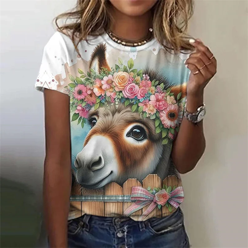 Cute Cow Donkey Pattern T-Shirt For Women Flower Animals 3D Printed T Shirts Summer Fashion Street Tees O-Neck Tops Short Sleeve