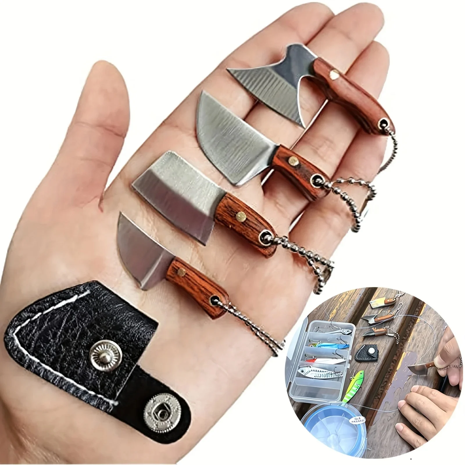 Versatile Mini Chef Knife Small Pocket Knife KeyChain with PU Leather Case Package Opening Box Cutting Tiny Knives Home Decor