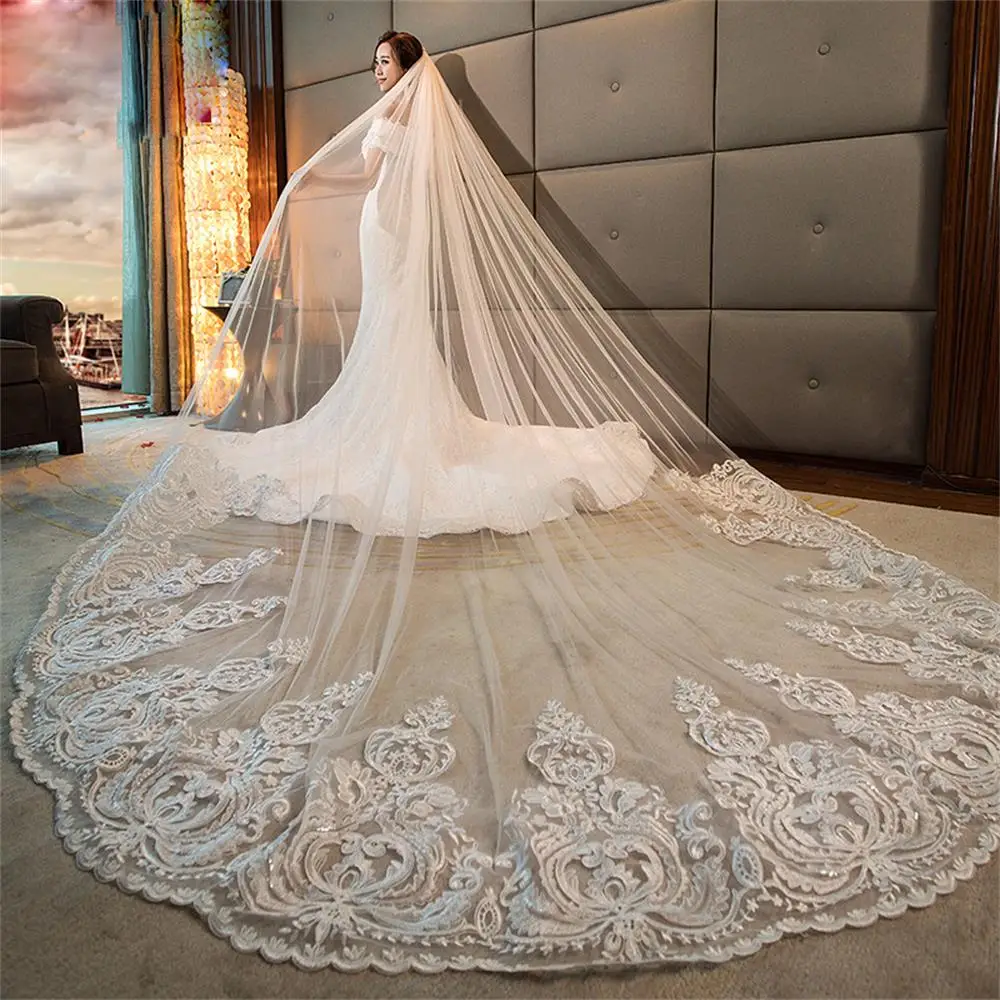 Imagem Real Longo Véus De Noiva Catedral Comprimento Lace Applique Borda 3M 5M 1L Véu De Casamento Com Livre Novo Pente Branco Marfim Personalizado