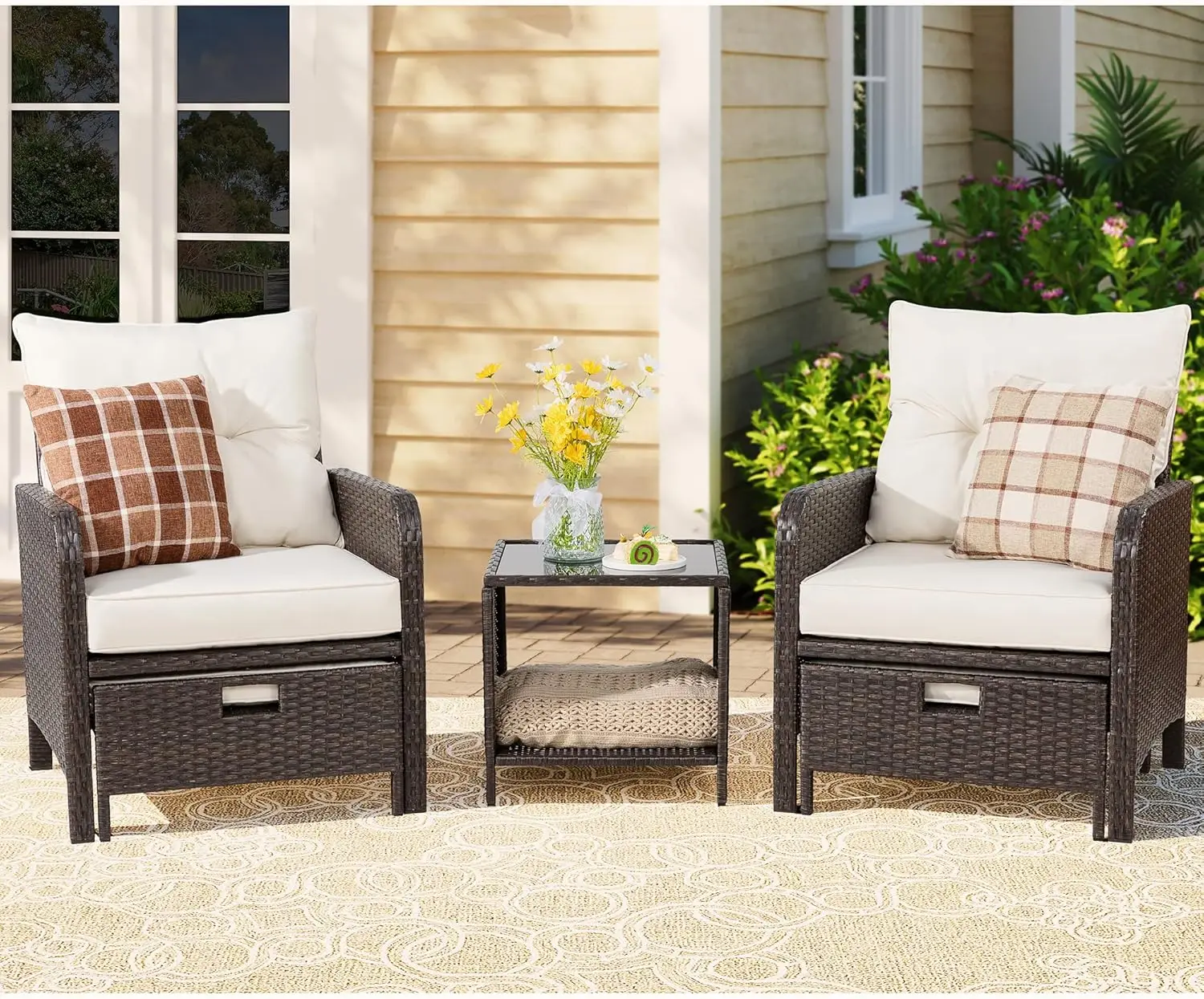 Vongrasig 5 Piece Wicker Patio Furniture Set, All Weather PE Wicker Rattan Outdoor Chair and Ottoman Set,