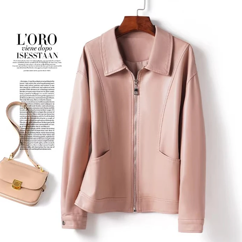 New Women Spring Autumn Split Leather Jacket Fashion Turn-down Collar Loose Leather Coat Casual Simplicity Short Coat Female