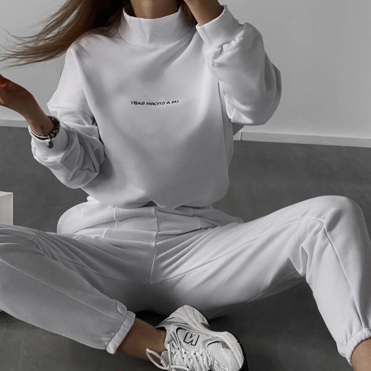 Women Letter Print Two Piece Set Casual Loose Suit High Waist Trousers Female Turtleneck Sweatshirt Autumn Sweatpants Suits