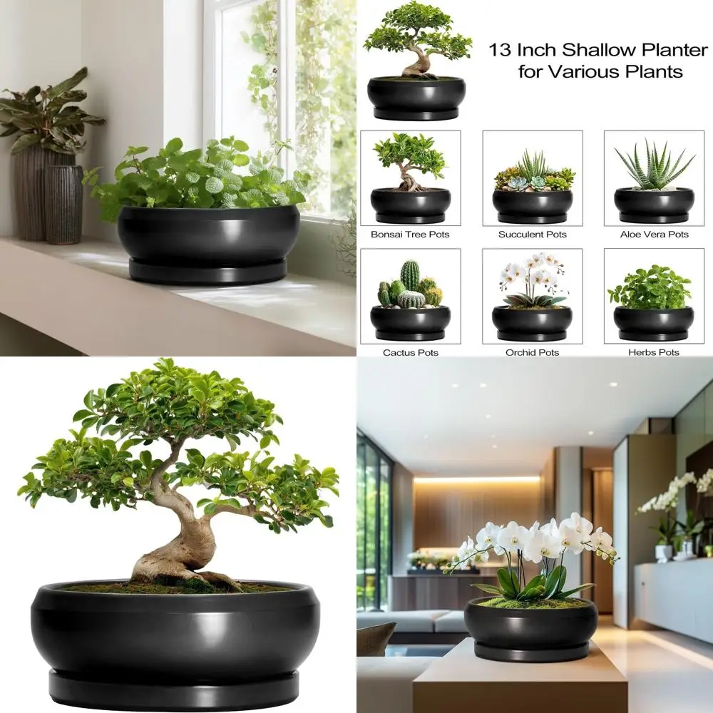 

13 Inch Large Round Ceramic Succulent Pots with Drainage, Tray, for Indoor and Outdoor Use, Modern Planters, Home Decor, Garden