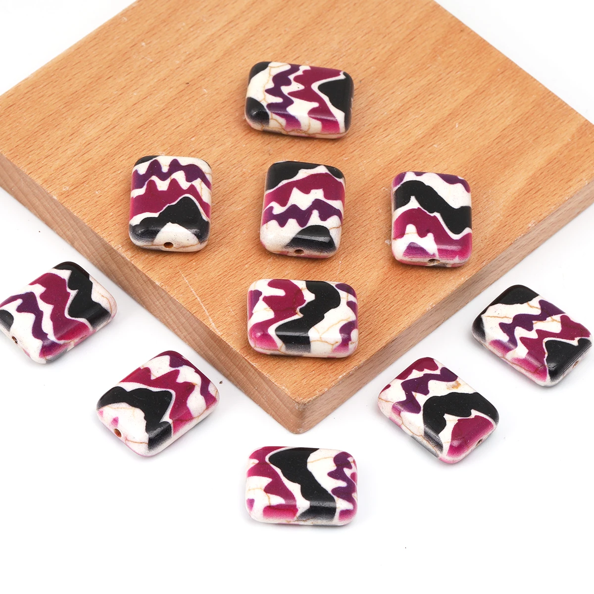 8pcs/16pcs Abstract Wave Print Glass Beads, 20mm Rectangle Loose Beads, Pink Purple Black Pattern Glass Spacer Beads