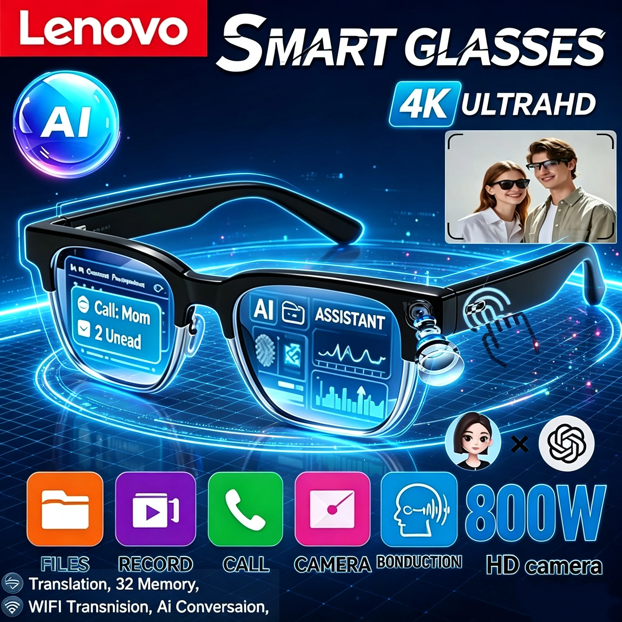 Lenovo AI Voice Assistant Smart Glasses 4K Remote Control Touch Photo Camera Recording Translator Wireless Bluetooth Sunglasses