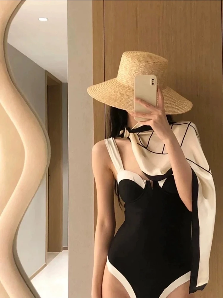 

Ретро-купальник черно-белого цвета с эффектом пуш-ап для женщин, повседневный пляжный костюм для отдыха