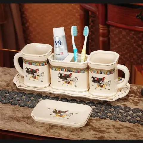 Bathroom Accessories Set Ceramic Soap Dispensers Toothbrush Holder Gargle Cups With Tray Trash Can Tissue Box Wedding Gifts