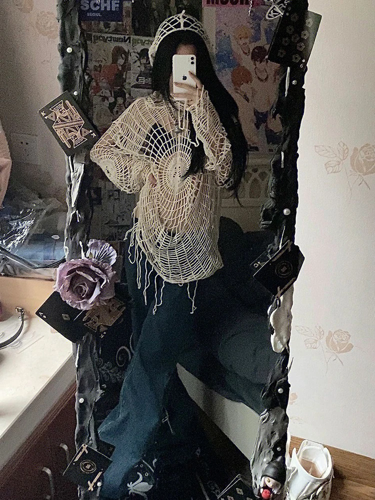 Y2k clothesY2k Spinne Web Hohl Loch Design Spice Mädchen Mit Kapuze Pullover Stricken Top Pullover Frauen Koreanische Mode свитер с узорами