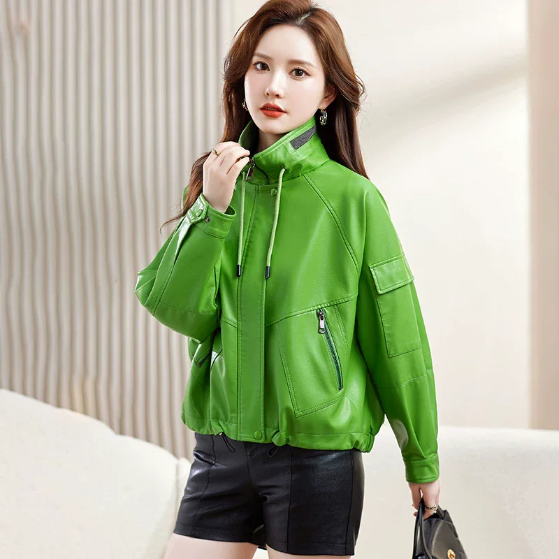 New Women Spring Autumn Casual Split Leather Jacket Fashion Stand Collar Long Sleeve Loose Tops Daily Leather Coat Female
