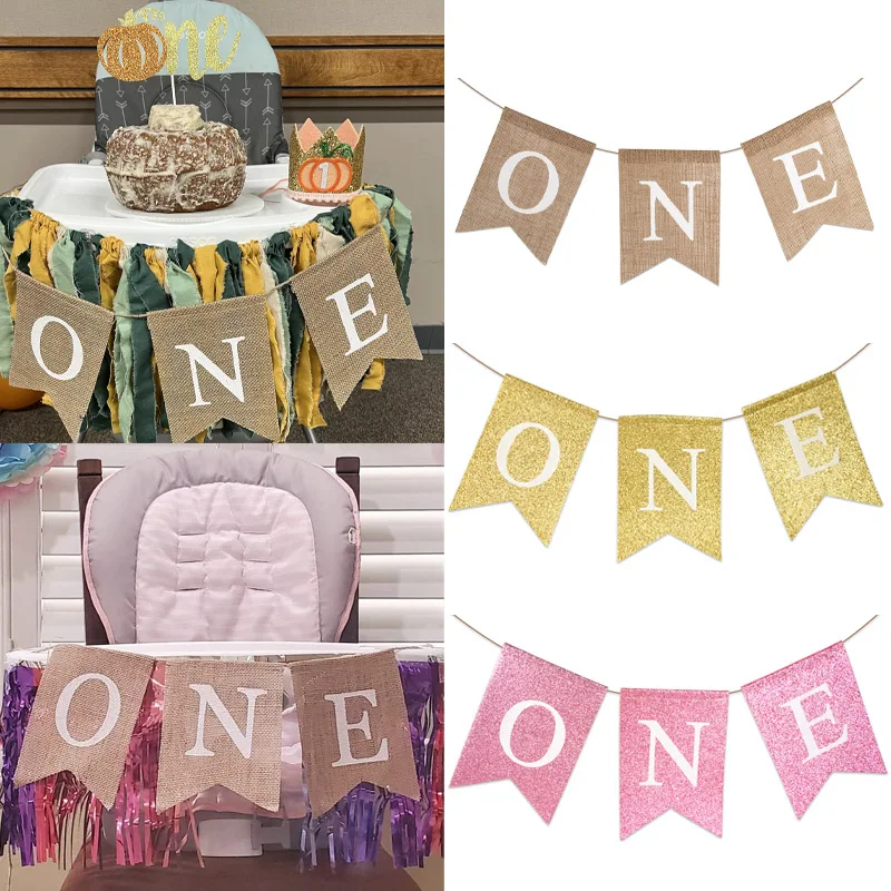 one High Chair First Birthday Burlap Banner Baby boy or Girl One Year Old 1st Birthday Party Decoration Hanging Bunting garland