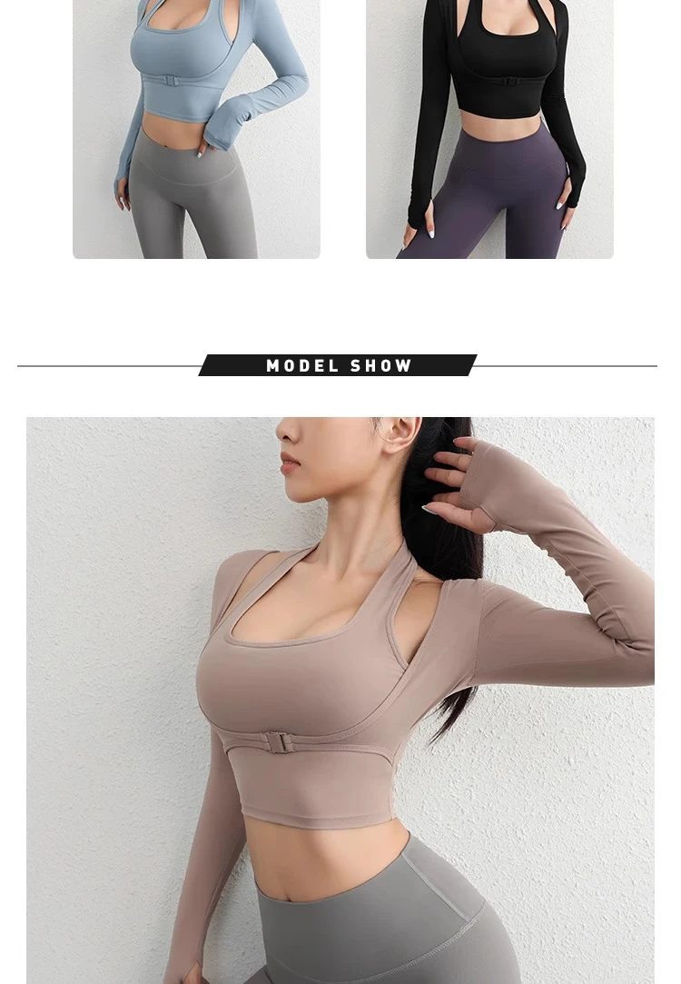 Herbst Sport Damen Oberteile Modische Langarm-Trainings-Tops mit Daumenlöchern Fitness Crop Yoga-Top – Detail 6