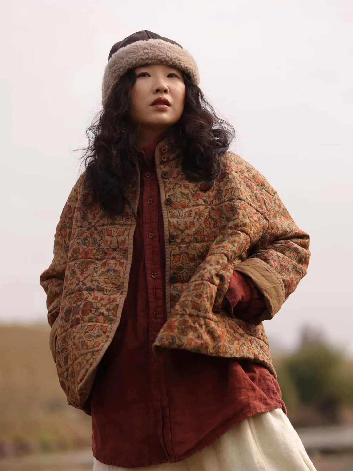 

Koran Wood Retro Linen Cotton Jaet Floral Print Stand Collar Thiened Winter Outerwear Comfortable Loose Fit Women's Coat