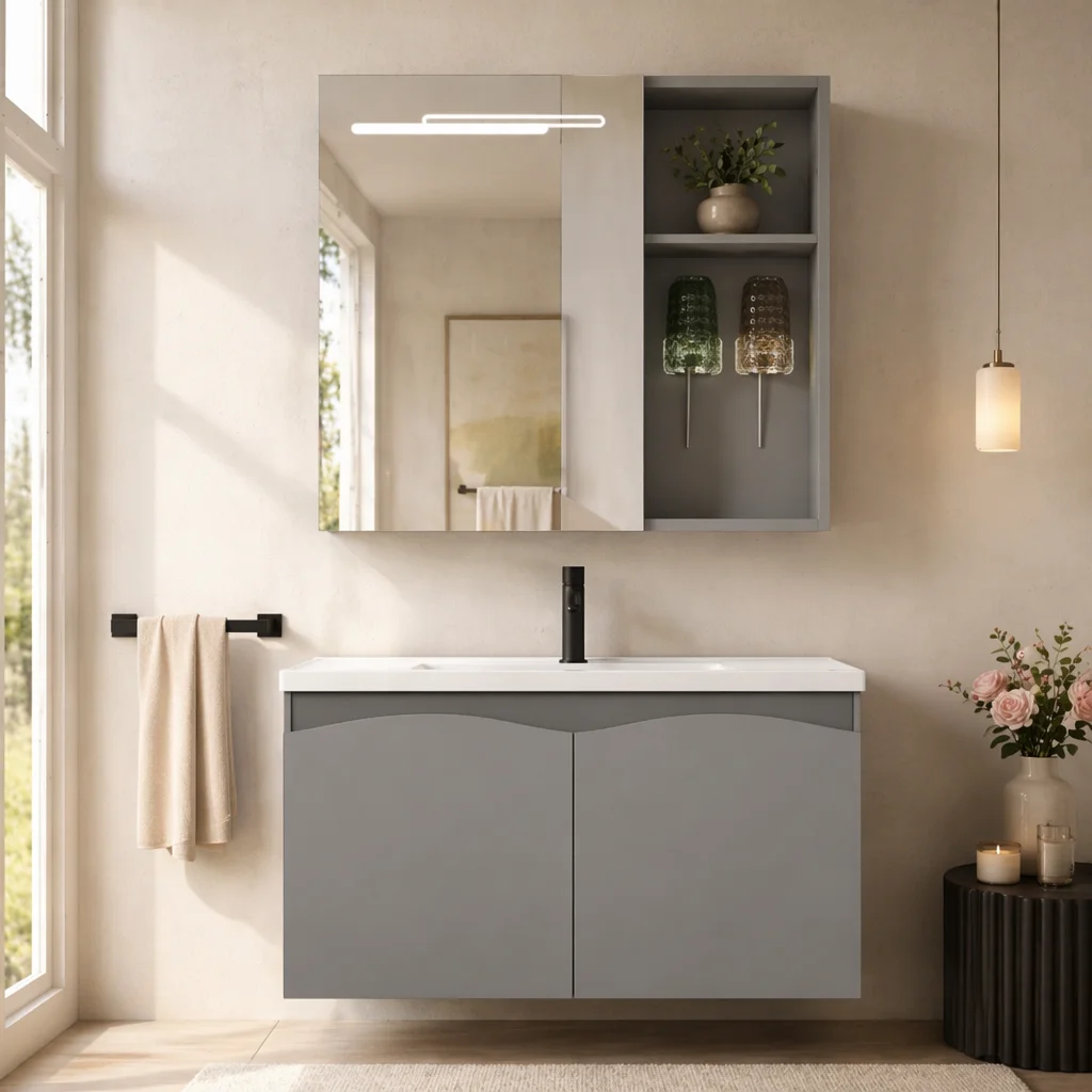 Chinese Modern Moisture-Proof Lighted Mirror Stainless Steel Ceramic Wall-Mounted Washbasin Gray Vanity Combo Easy Clean