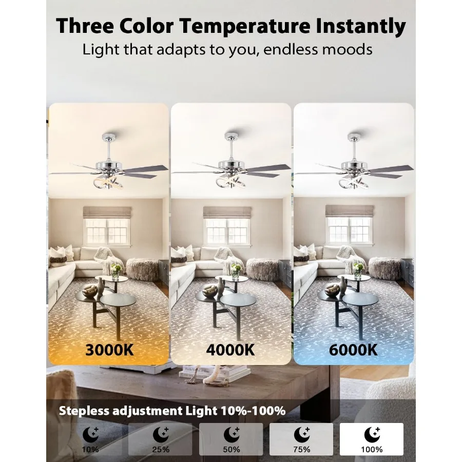 52 Inch Ceiling Fans with Lights for Indoor Outdoor Use Creative Modern Silver Design with Remote Control 3 Color Temperature S