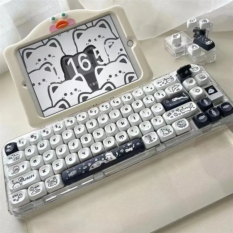 Naught Cat Design Black White Keycap For Cherry Switch 64 68 75 87 98 104 Alice Ergo Mechanical Keyboard MOA Profile PBT Key Cap