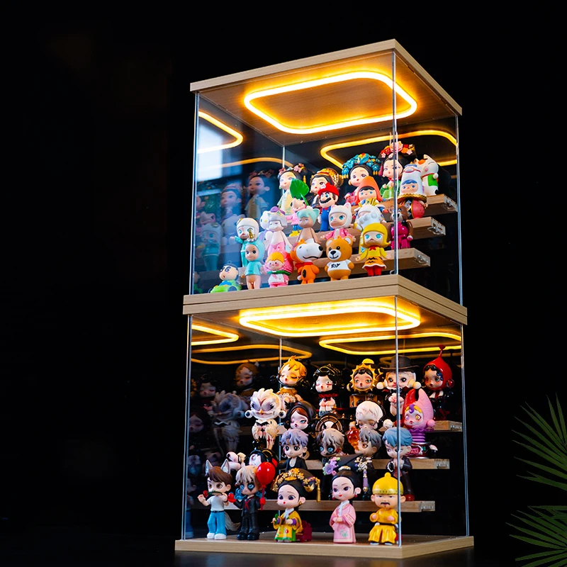Clear Acrylic Action Figures Display Case with Floating Steps, Collectibles Display Box with Ring LED Lights and Revolving Door