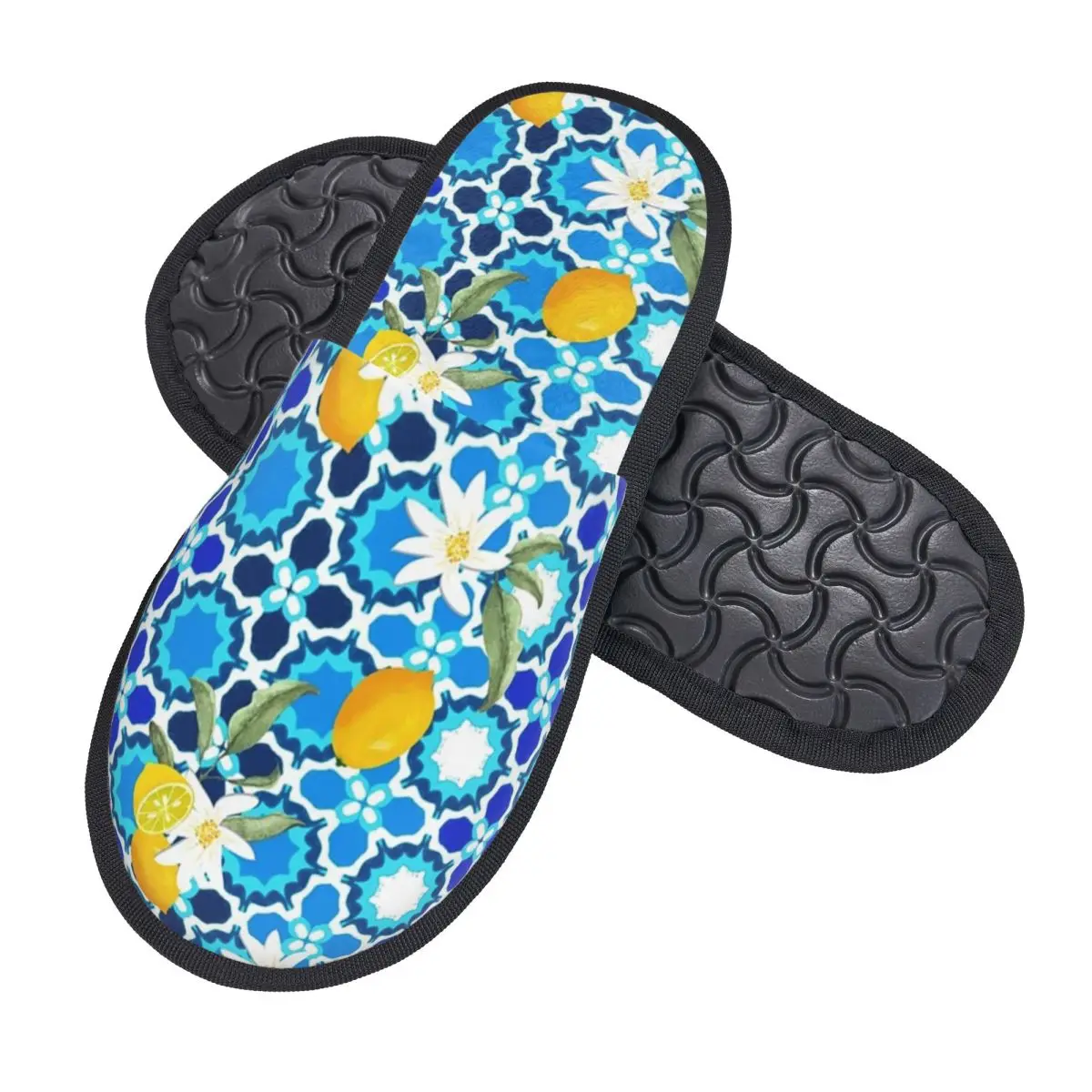 Custom Summer Mediterranean Lemons Fruit Tiles Soft Memory Foam House Slippers Women Comfy Warm Anti-skid Sole Slipper