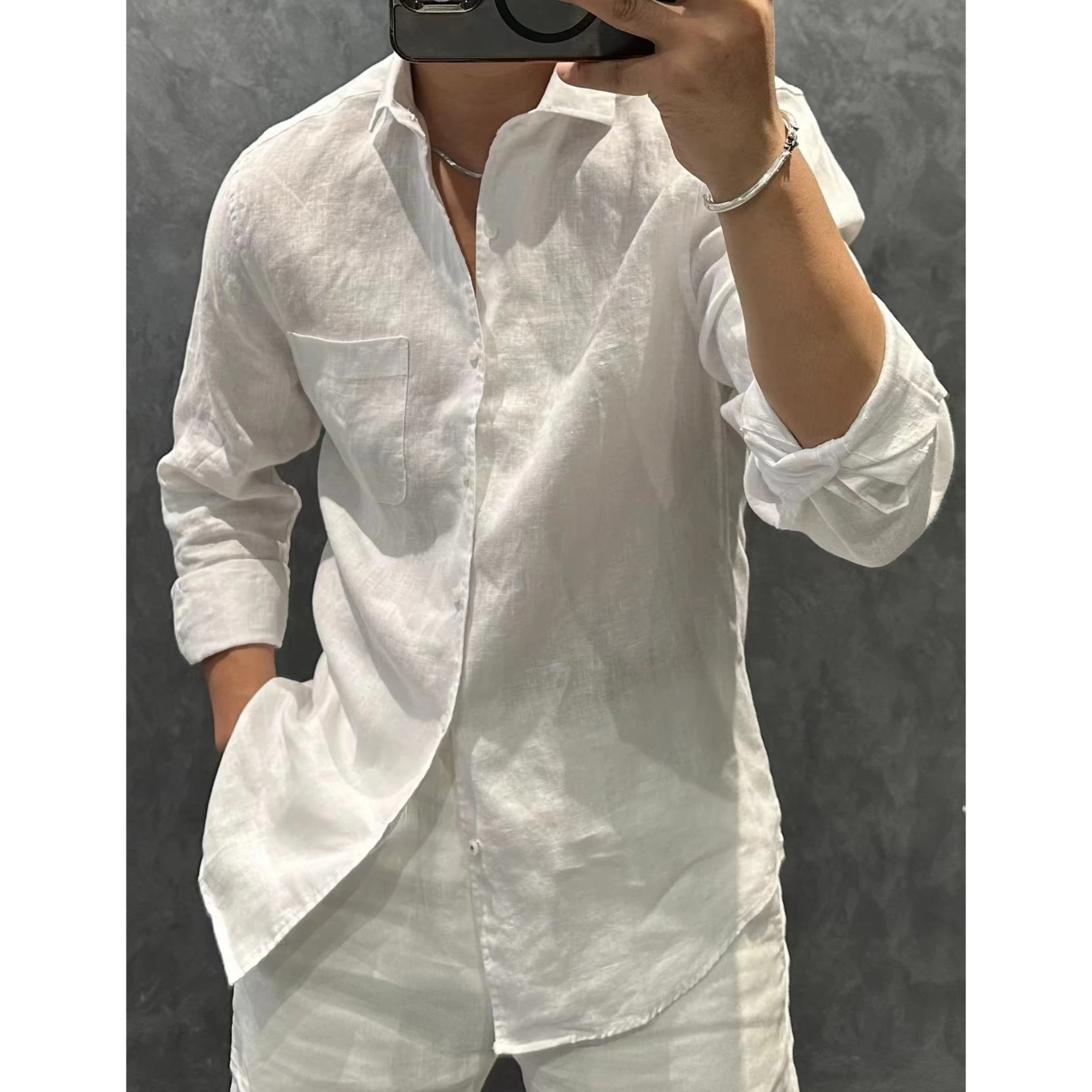 

Высококачественная мужская рубашка из чистого льна с длинным рукавом, свободного кроя, класса люкс, простая, осенняя коллекция 2025, с пуговицами, не требует глажки, тонкая, стандартного кроя