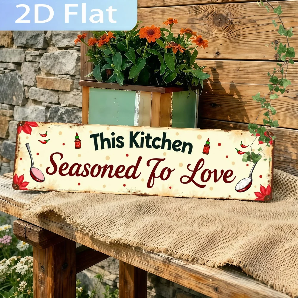 2D Flat, A 2D Aluminum Sign 'Kitchen Seasoned with Love', Perfect for Wall Decoration, in a Vintage Farmhouse Style