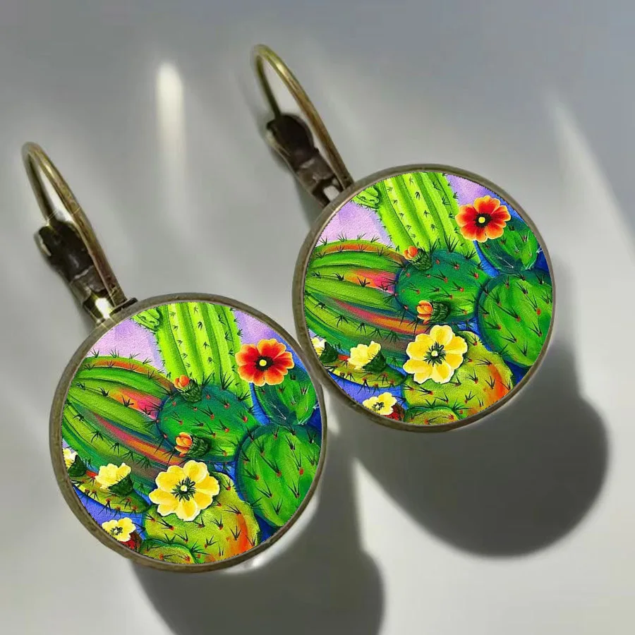 Colored Cactus Women's Earrings Painted Cactus Glass Cabochon Earrings Symbolize Stubborn Vitality Special Jewelry Gifts