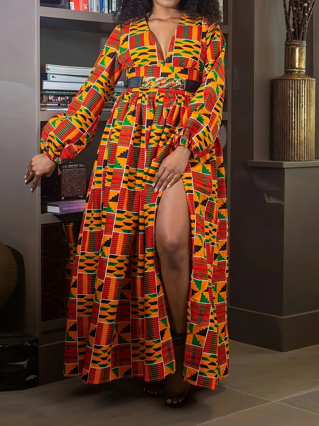 

Plus size women's dress African ethnic print long-sleeved slit ankle-length dress elegant sexy and fashionable with a zipper
