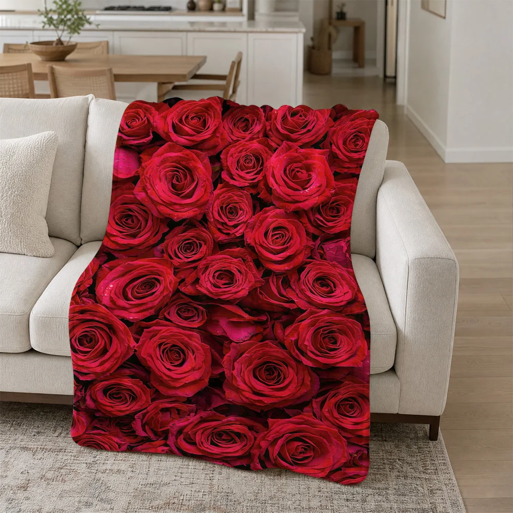 Vibrant Red Rose Print Throw Blanket Cozy Sofa Couch Decor Gift for Bedroom Living Room Home Accent