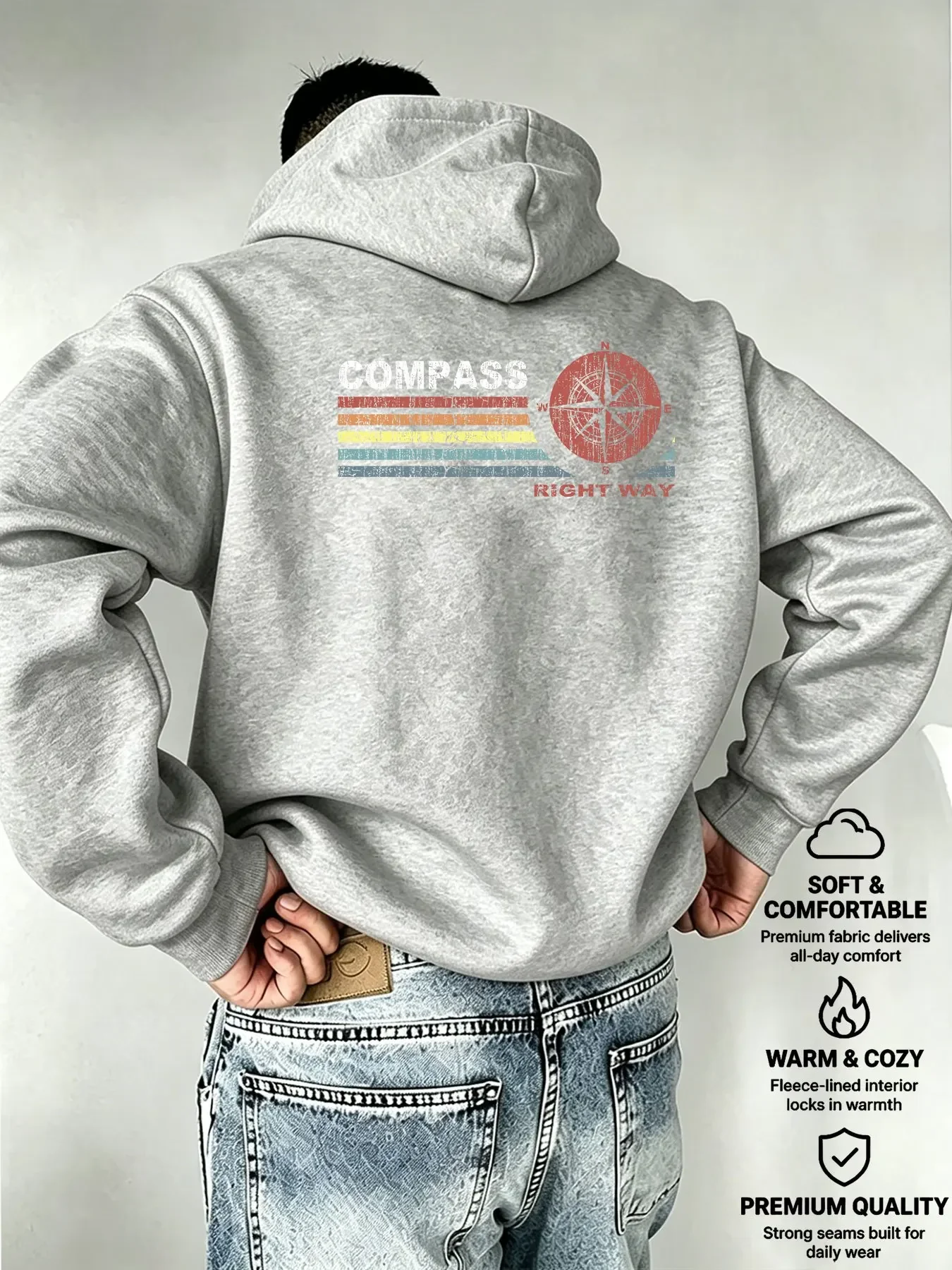 Men Casual Hooded Sweatshirt Retro Compass Right Way Letter Graphic Vibe Autumn Winter Fleece Lined Loose Urban Street Hoodie