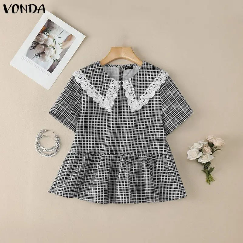 Vonda Elegante Korte Mouw Blouse Vrouwen Zomer Plaid Tops 2026 Mode Peter Pan Kraag Kant Blusas Vrouwelijke Casual Losse Shirts
