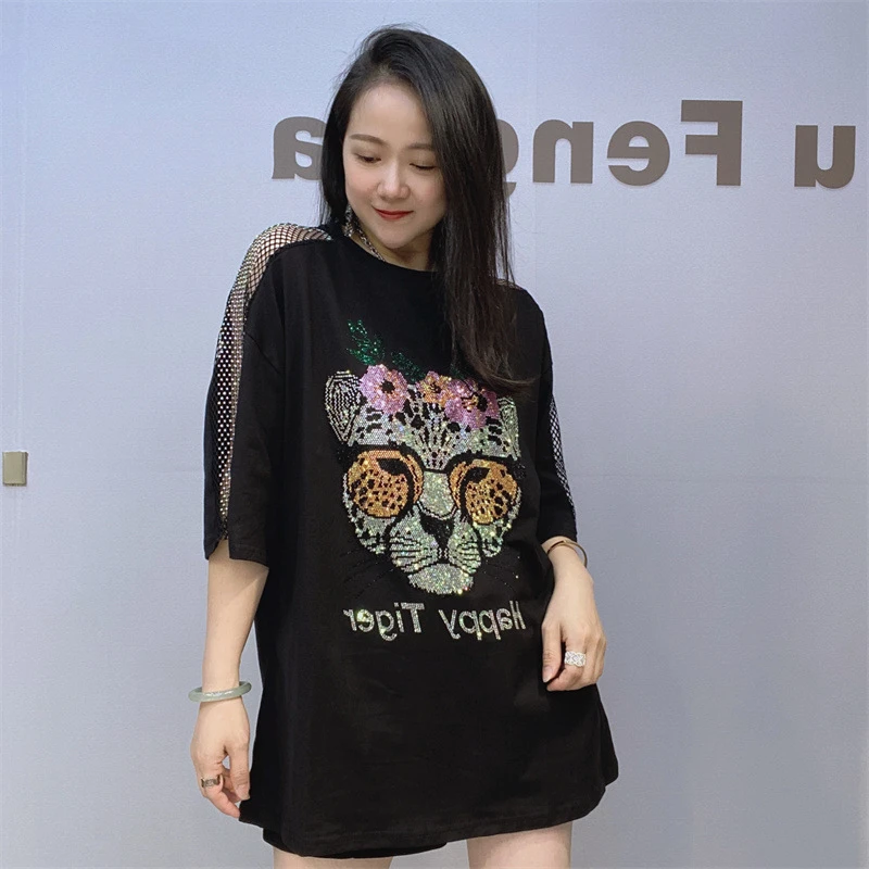 

2024 New Summer Women Short Sleeve T-shirt Hollow Out Mesh Diamonds Hot Drilling Tiger Head O-neck Pullovber Top Casual Tee