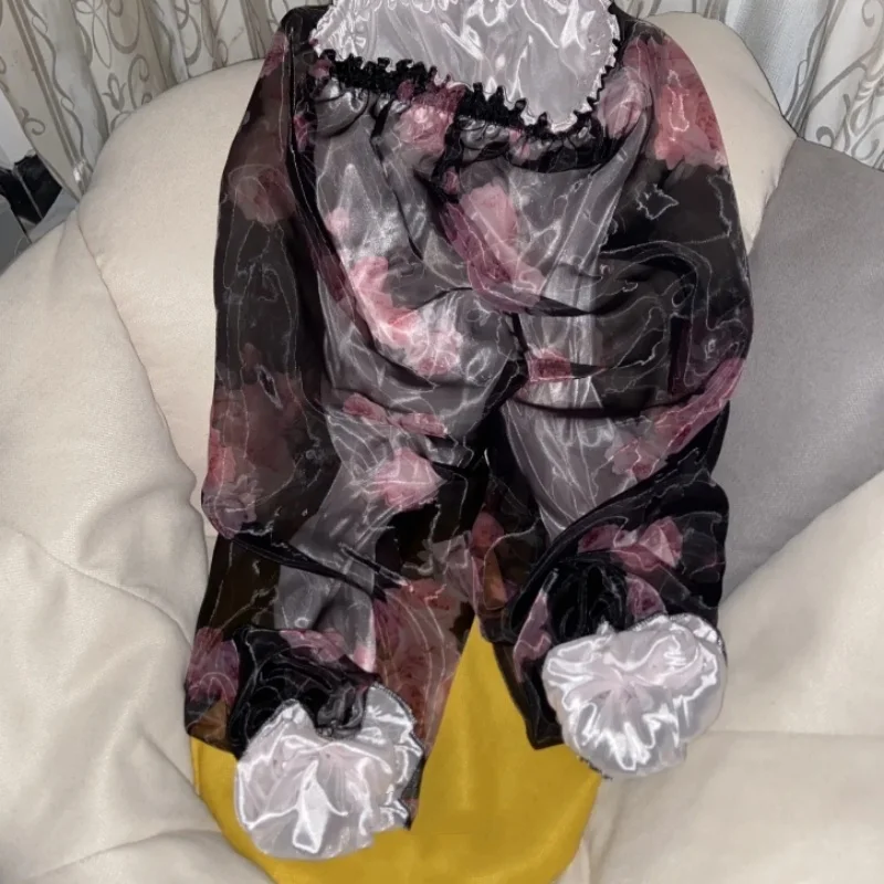 Silky Soft Glossy 2 layers Organza Outside Ice Silk Inside Pajamas Pants Women Men Plus Size Sleeping Lantern Trousers