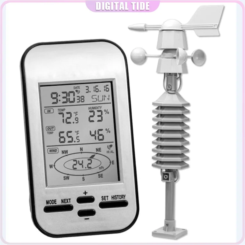 

Wireless Anemometer Weather Station Clock Wind Speed Direc tion Wind Chill Temperature Humidity Meter Dual Mount WS0232