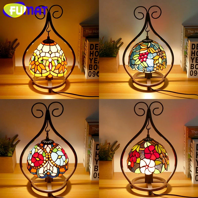 

FUMAT Tiffany style stained glass European heart retro table lamp study bedroom bedside reading lamp restaurant cafe LED decor