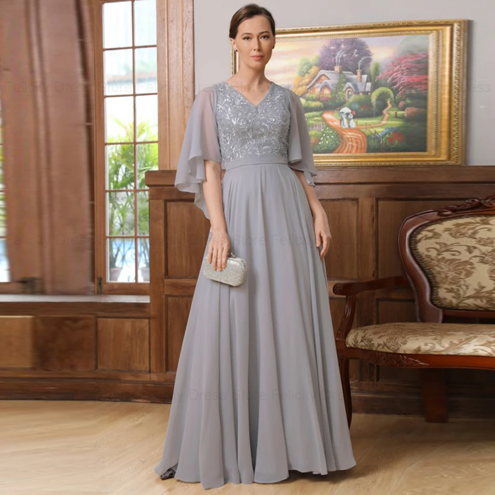 Elegant Wedding Guest Dresses A-Line V-neck Mother of the Bride Dress 2023 Lace Chiffon Pleated Floor-Length Party Evening Gowns