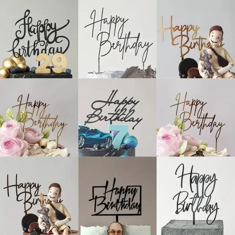 Simple Design Happy Birthday Cake Topper Gold Acrylic Kids Party Cake Toppers Dessert Decoration for Baby Shower Baking Supplies