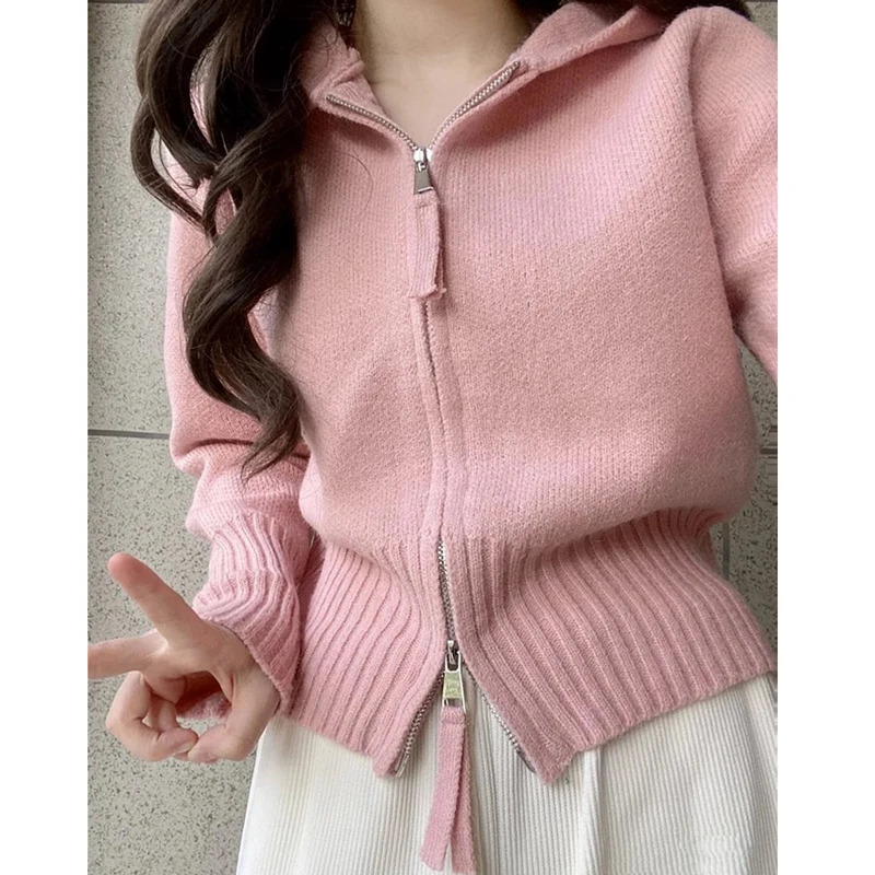 

Женский розовый вязаный кардиган с капюшоном, милый возрастной короткий стиль с двойной молнией, корейский повседневный осенне-зимний теплый свитер, топы