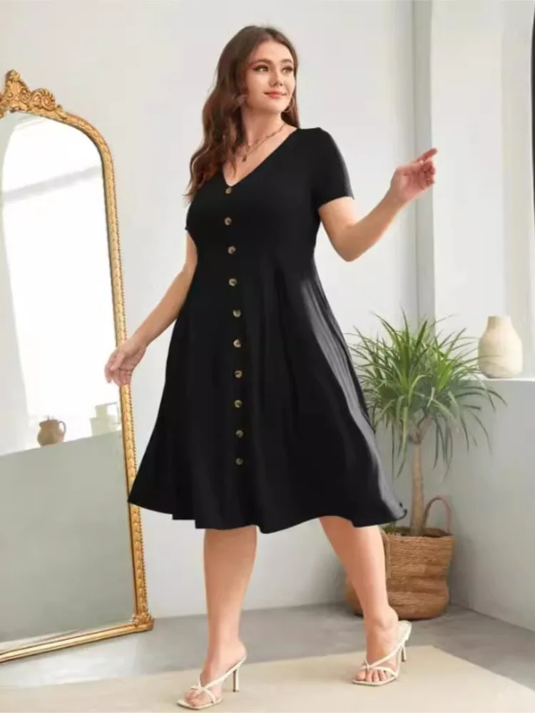 Plus Size letnia sukienka Midi z dekoltem w szpic damska szczupła moda krótki rękaw sukienki damskie marszczona luźna kobieca sukienka