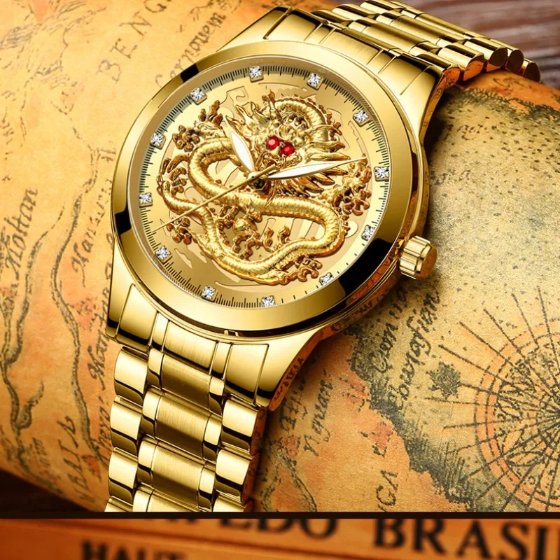 Мужские часы со стальным ремнем, светящиеся бриллианты, инкрустированные рельефом, золотой дракон, рубиновый дракон, кварцевые часы
